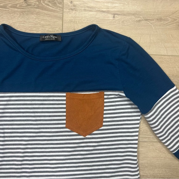 Coeur De Vague Long Sleeve Shirt Striped Size Small Blue Gray Faux Suede Pocket - Picture 2 of 7